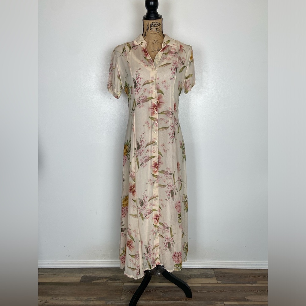 American Angel 90s Chiffon Floral Maxi Dress Size‎ M Cream Fairy VTG Collared
